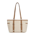 Minimalist herringbone tote bag in beige and camel with leather handles and silver rivets - Off White