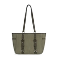 Minimalist herringbone weave tote bag in dark green and beige with leather straps - Green
