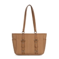 Brown herringbone woven tote bag with slim leather straps and silver metal ring accents - Khaki