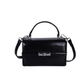 Classic black glossy leather box handbag with silver metal lock and detachable strap - Black