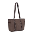 Brown houndstooth tote bag with dark leather trim and silver metal hardware accents - Brown