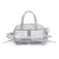 Chic light blue glossy handbag with front pockets and adjustable straps for women - Blue