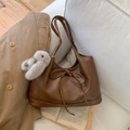 Minimalist large brown underarm tote bag with bow detail and plush rabbit charm - Brown No Pendant