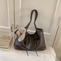 Deep brown minimalist tote bag with decorative bow and plush rabbit charm accessory - Coffee without Pendant
