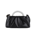 Black ruched cloud handbag with decorative pearl handle and golden hardware accents - Black