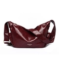Fashionable wine red crescent shoulder bag with glossy pleated leather texture - Burgundy