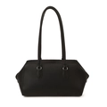 Schwarze Bowling-Handtasche mit Lychee-Struktur, schmalen Riemen und silbernen Metallringen - Schwarz