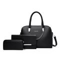 Three-piece black tote bag set with silver chain detail and pebbled faux leather finish - Black Zirconia Set