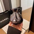 Silver mirror finish pouch handbag with gold chain strap for evening events - Black