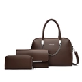 Three-piece dark brown litchi pattern leather handbag set with shoulder bag and wallet - Yellow Set