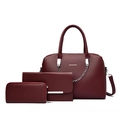 Three-piece burgundy faux leather handbag set with large tote, clutch and wallet - Wine Red Set