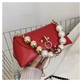 Elegant red faux leather handbag with pearl and gold bead handle for stylish women - Red