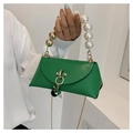 Emerald green baguette handbag with pearl bead handle and gold buckle detail - Green