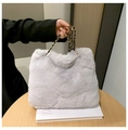 Compact light grey faux fur handbag with braided leather and metal chain handle - Light Gray