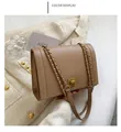 Chic khaki leather crossbody bag with gold square buckle and chain strap detail - Khaki