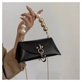 Chic black matte leather handbag with decorative large pearl and gold bead handle - Black