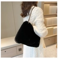 Chic black faux fur round shoulder bag with elegant leather-threaded metal chain strap - Black