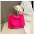 Fuchsia faux fur crossbody tote bag with gold chain strap for stylish autumn outfits - Rose Red