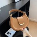 Camel crescent saddle shoulder bag with golden half-moon metal buckle and leather finish - Khaki