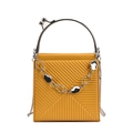 Yellow textured tote bag with silver ring handle and diagonal quilted pattern - Yellow