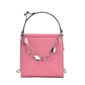Pink quilted square handbag with silver circular handle and decorative chain link - Pink