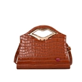 Sac à main marron motif croco avec poignée lèvre dorée et badge lèvre rouge - Brun Foncé