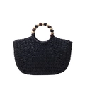 Borsa a mano in paglia nera intrecciata a semicerchio con decorazioni in perline di legno - Nero