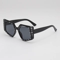 Fashionable oversized square sunglasses with black hexagonal frames and silver stripe accents - Black Frame Grey Lens