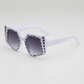 Square oversized sunglasses with white frames and purple checkered pattern accents - White Frame Gradient Grey