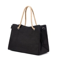 Black canvas tote bag with thick natural hemp rope handles and silver metal grommets - Black