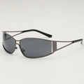 Futuristic gunmetal sports sunglasses with hollow geometric temples and grey lenses - Gunmetal Frame Grey Lens