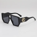 Classic black oversized square sunglasses with gold circular logo detail on the temple - Black Frame Grey Lens