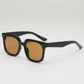 Classic black oversized square sunglasses with brown lenses and silver rivet accents - Black Frame Tea Lens