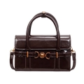 Retro dark brown glossy leather handbag with heart gold hardware and shoulder strap - Brown