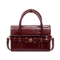Retro deep wine red leather handbag with vintage bronze heart buckle and thin strap - Red