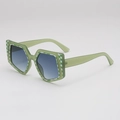Square green checkered sunglasses with blue gradient lenses in a luxury fashion style - Green Frame Gradient Blue