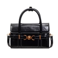 Classic black glossy faux leather handbag with vintage bronze heart metal buckle - Black