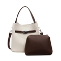 Two-piece cream white bucket bag and brown pouch with leather strap and metal clasp detail - Beige