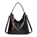 Borsa a tracolla nera in pelle grana litchi con nappa di perline in legno e doppie tasche - Nero