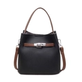 Minimalist black lychee leather bucket bag with brown handles and silver clasp - Black