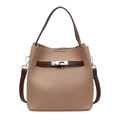 Beige bucket bag with dark brown straps and silver swivel clasp hardware in variant view - Brown