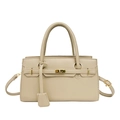 Beige lychee pattern handbag with gold hardware and adjustable shoulder strap - Khaki