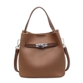 Brown litchi grain leather bucket bag with silver metal lock and wide top handle - Brown