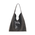 Grande borsa tote vintage nera in pelle lucida stropicciata con tracolla minimalista - Nero