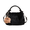 Chic black fuzzy plush handbag with brown pompom and detachable leather shoulder strap - Black (521-1124) / Black
