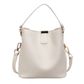 Chic off-white bucket bag with leather texture and minimalist metallic button buckle - White