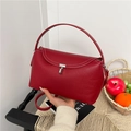 Red lychee grain leather handbag with white contrast stitching and silver square buckle - Red