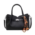 Sac à main noir chic avec glands perlés, cuir texturé et fermoir rotatif argenté élégant - Noir sans Pendentif