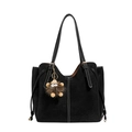 Black leather crossbody bag with white contrast stitching and a plush monster charm accessory - Black without Pendant