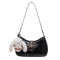 Glossy black oil wax leather half-moon shoulder bag with retro gold buckle and plush bunny charm - No Pendant / Black